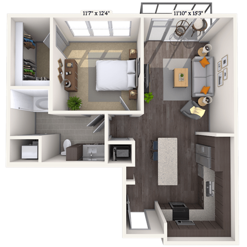 Floor plan for 1 bed, 1 bath, 713 sqft